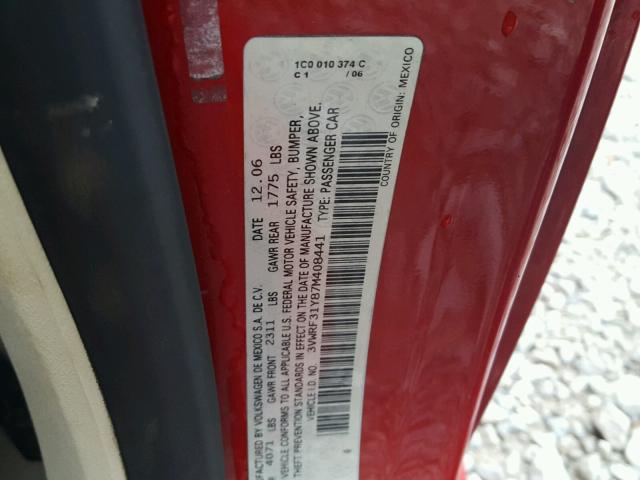 3VWRF31Y87M408441 - 2007 VOLKSWAGEN NEW BEETLE 红色 照片 10