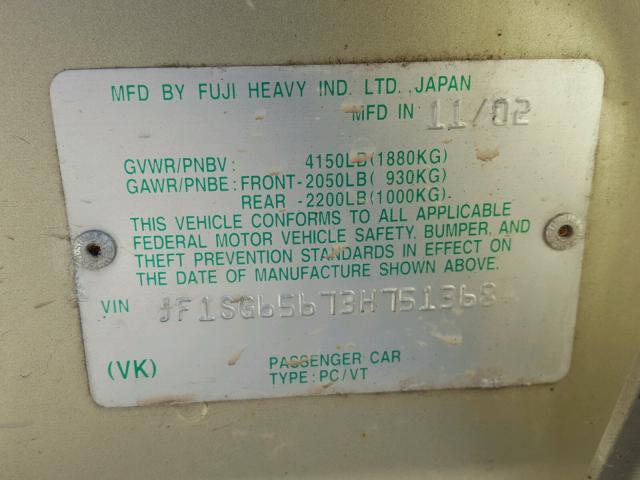 JF1SG65673H751368 - 2003 SUBARU FORESTER 2 GOLD photo 10