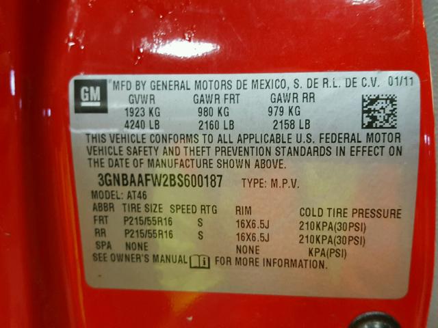 3GNBAAFW2BS600187 - 2011 CHEVROLET HHR LS Rojo foto 10