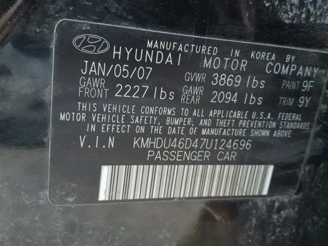 KMHDU46D47U124696 - 2007 HYUNDAI ELANTRA GL BLACK photo 10