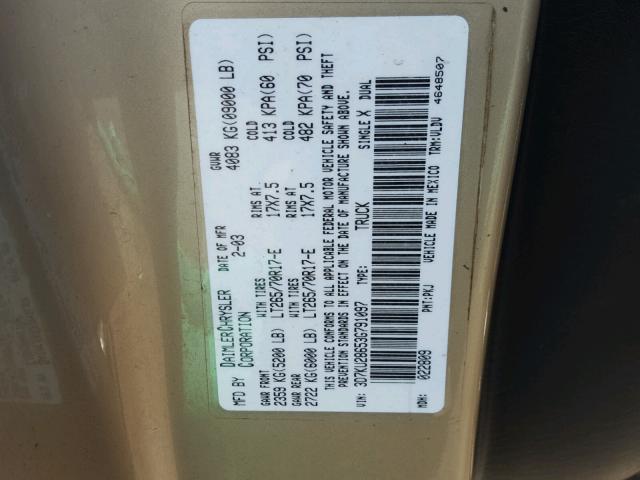 3D7KU28653G791097 - 2003 DODGE RAM 2500 S ოქროსფერი ფოტო 10