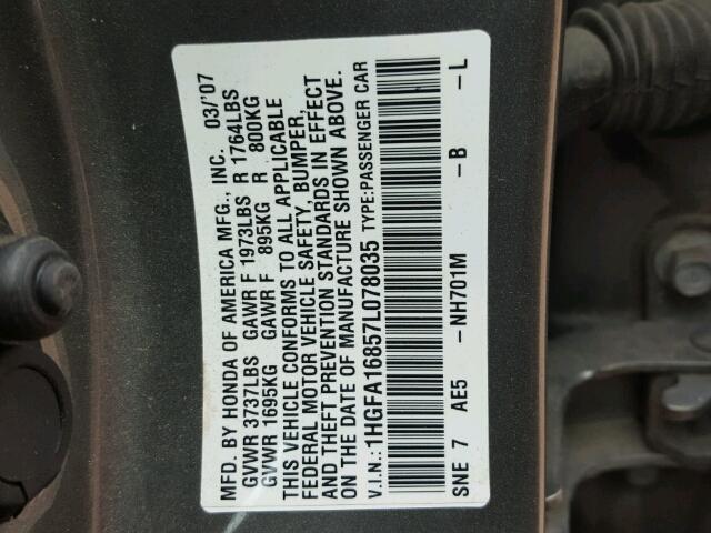 1HGFA16857L078035 - 2007 HONDA CIVIC EX GRAY photo 10