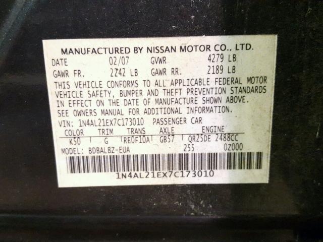 1N4AL21EX7C173010 - 2007 NISSAN ALTIMA 2.5 GRAY photo 10