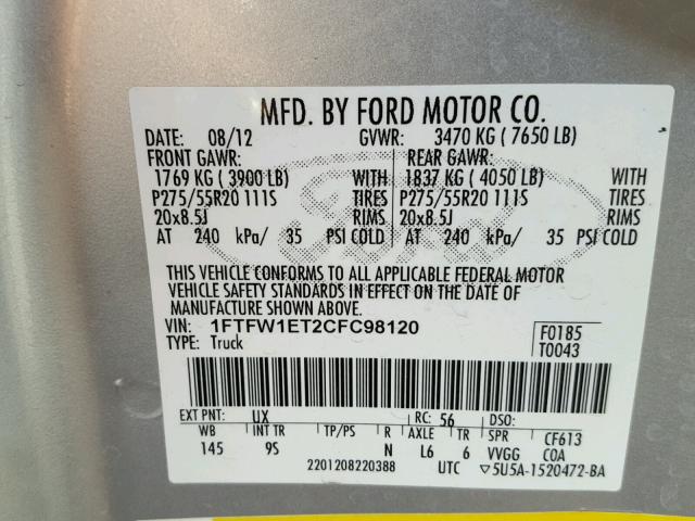 1FTFW1ET2CFC98120 - 2012 FORD F150 SUPER SILVER photo 10