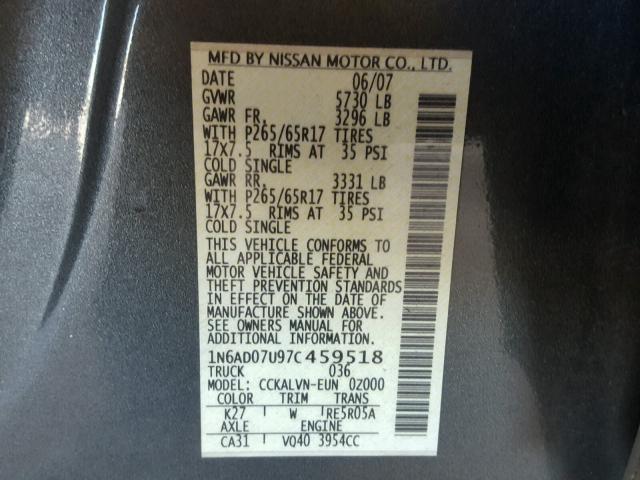 1N6AD07U97C459518 - 2007 NISSAN FRONTIER C GRAY photo 10