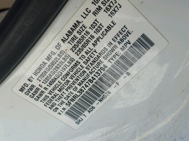 5FNRL38747B413794 - 2007 HONDA ODYSSEY EX WHITE photo 10