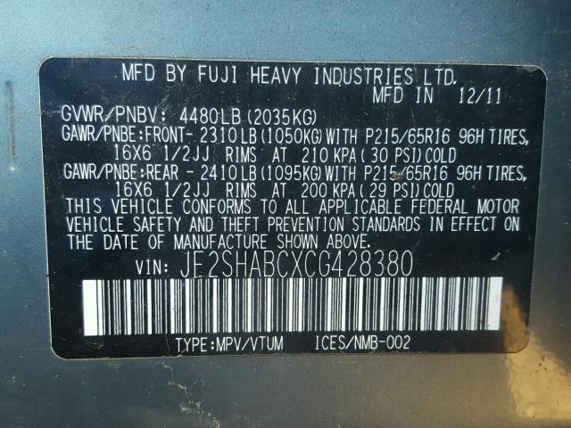 JF2SHABCXCG428380 - 2012 SUBARU FORESTER 2 GREEN photo 10
