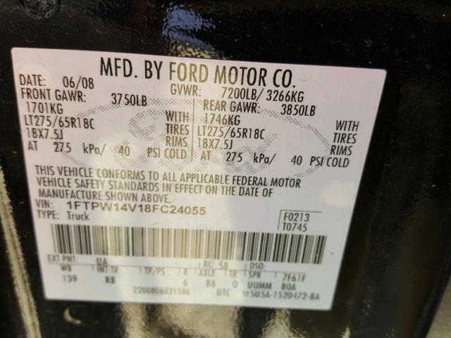 1FTPW14V18FC24055 - 2008 FORD F150 SUPER BLACK photo 10