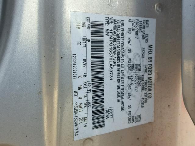 1FMPU16576LA53731 - 2006 FORD EXPEDITION SILVER photo 10