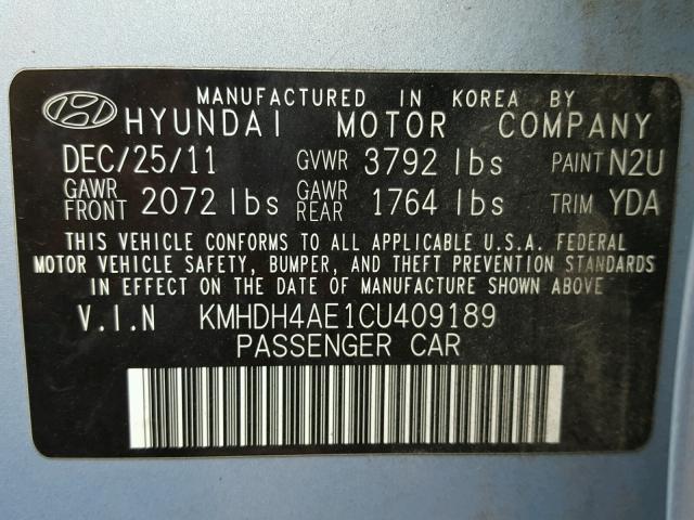 KMHDH4AE1CU409189 - 2012 HYUNDAI ELANTRA GL BLUE photo 10