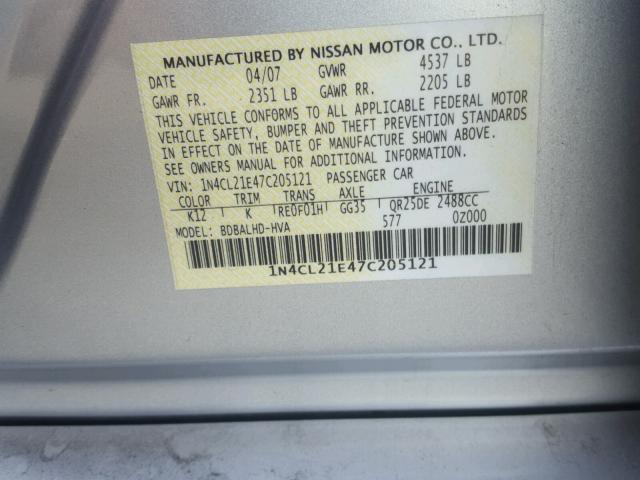 1N4CL21E47C205121 - 2007 NISSAN ALTIMA HYB SILVER photo 10