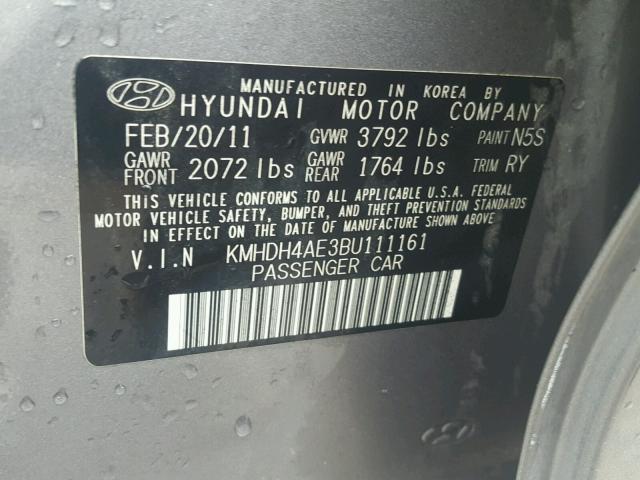 KMHDH4AE3BU111161 - 2011 HYUNDAI ELANTRA GL GRAY photo 10