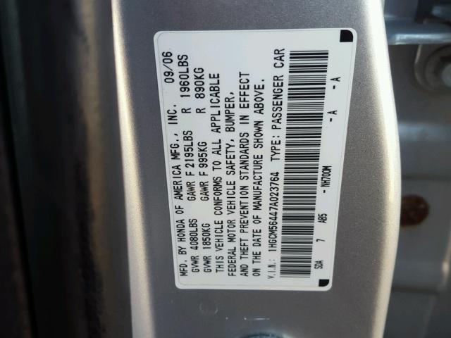 1HGCM56447A023764 - 2007 HONDA ACCORD LX SILVER photo 10