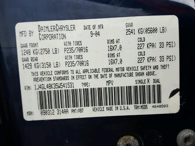 1J4GL48K35W541531 - 2005 JEEP LIBERTY SP BLUE photo 10