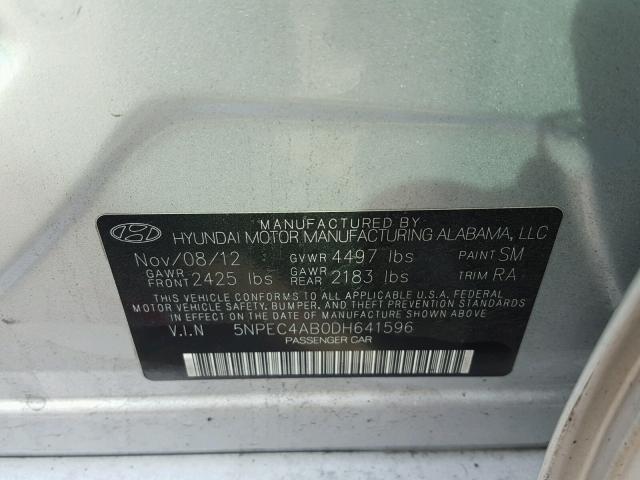 5NPEC4AB0DH641596 - 2013 HYUNDAI SONATA SE SILVER photo 10