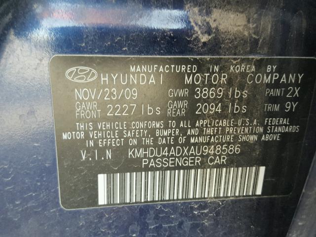 KMHDU4ADXAU948586 - 2010 HYUNDAI ELANTRA BL BLUE photo 10