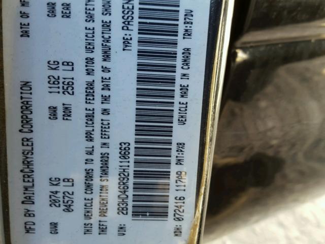 2B3HD46R92H110663 - 2002 DODGE INTREPID S BLACK photo 10