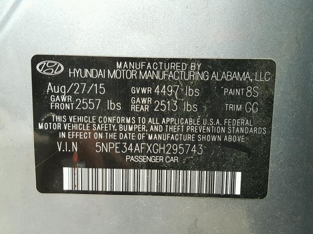 5NPE34AFXGH295743 - 2016 HYUNDAI SONATA SPO GRAY photo 10