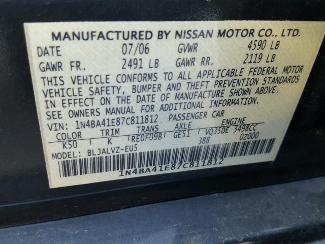 1N4BA41E87C811812 - 2007 NISSAN MAXIMA SE BLUE photo 10