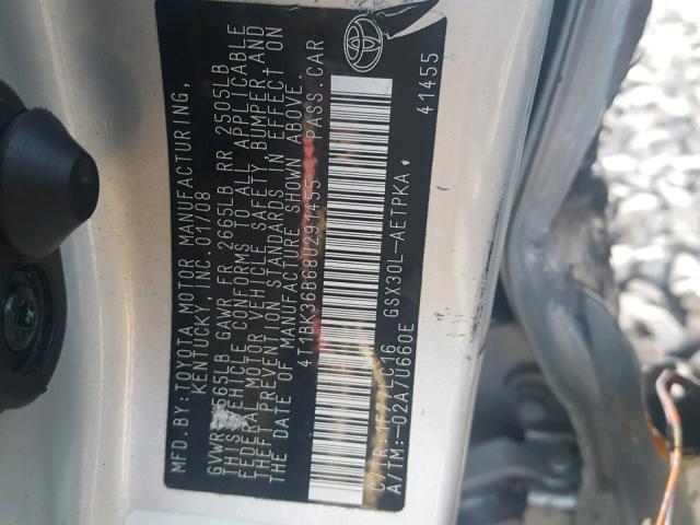 4T1BK36B68U291455 - 2008 TOYOTA AVALON SILVER photo 10