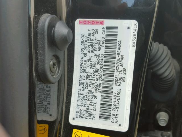 JTHBF30G920064433 - 2002 LEXUS ES 300 BLACK photo 10