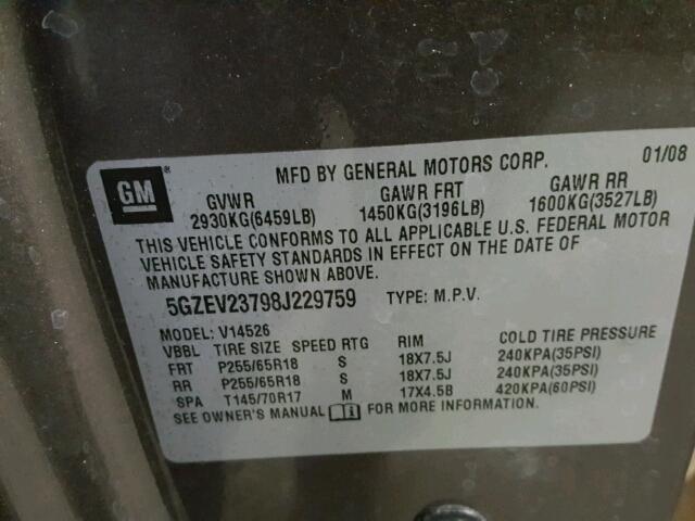 5GZEV23798J229759 - 2008 SATURN OUTLOOK XR თაფლისფერი ფოტო 10