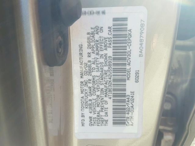 4T1BE32K42U558919 - 2002 TOYOTA CAMRY LE 金色 照片 10