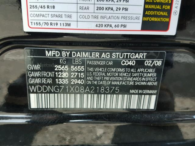 WDDNG71X08A218375 - 2008 MERCEDES-BENZ S 550 BLACK photo 10