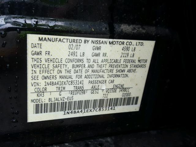 1N4BA41EX7C853141 - 2007 NISSAN MAXIMA SE BLACK photo 10