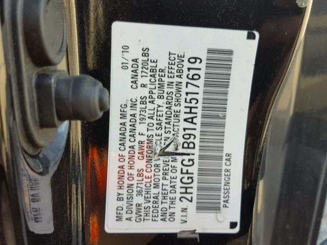 2HGFG1B91AH517619 - 2010 HONDA CIVIC EXL 黑色 照片 10