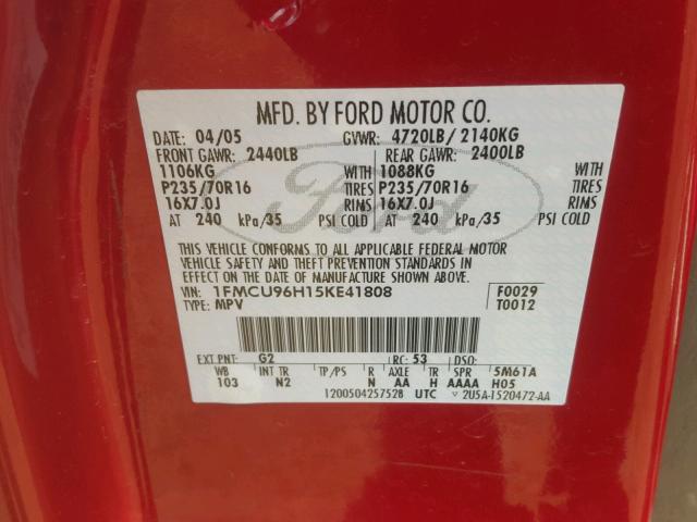 1FMCU96H15KE41808 - 2005 FORD ESCAPE HEV RED photo 10