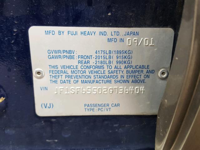 JF1SF65502G736404 - 2002 SUBARU FORESTER S BLUE photo 10