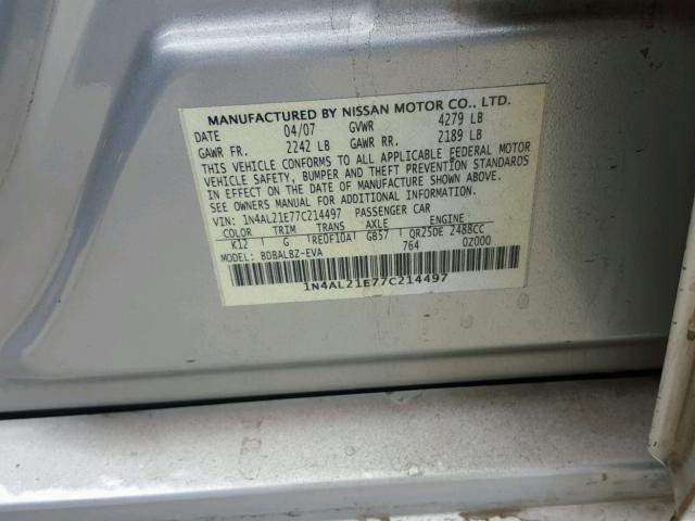 1N4AL21E77C214497 - 2007 NISSAN ALTIMA 2.5 SILVER photo 10