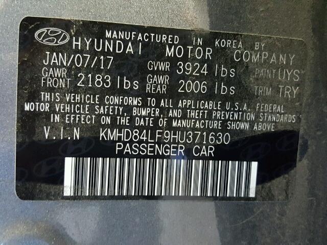 KMHD84LF9HU371630 - 2017 HYUNDAI ELANTRA SE GRAY photo 10