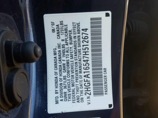 2HGFA16547H512674 - 2007 HONDA CIVIC LX BLUE photo 10