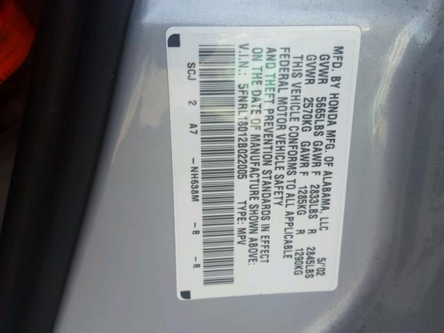 5FNRL18012B022005 - 2002 HONDA ODYSSEY EX SILVER photo 10