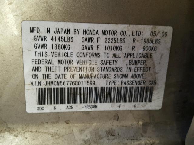 JHMCM56776C011599 - 2006 HONDA ACCORD EX GOLD photo 10