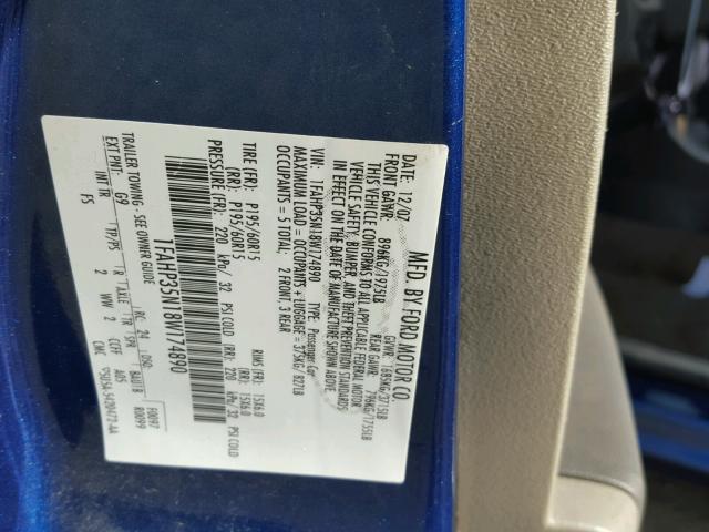 1FAHP35N18W174890 - 2008 FORD FOCUS SE BLUE photo 10