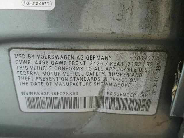 WVWEK73C78E028889 - 2008 VOLKSWAGEN PASSAT LUX SILVER photo 10