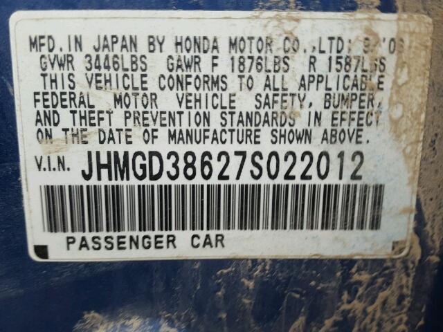 JHMGD38627S022012 - 2007 HONDA FIT S BLUE photo 10