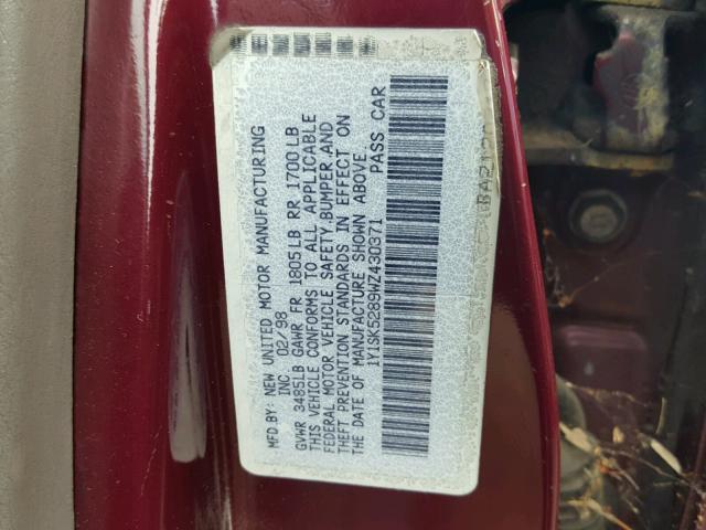 1Y1SK5289WZ430371 - 1998 CHEVROLET GEO PRIZM BURGUNDY photo 10