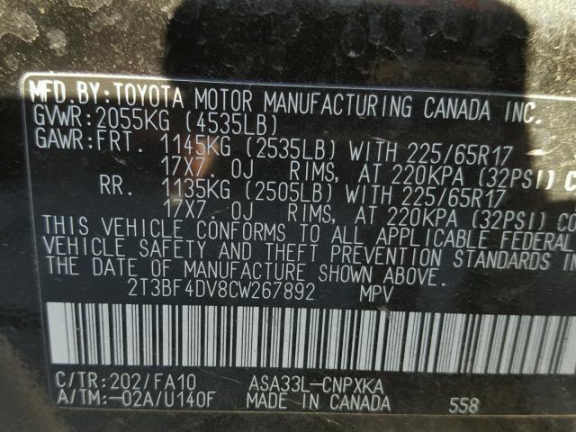 2T3BF4DV8CW267892 - 2012 TOYOTA RAV4 BLACK photo 10