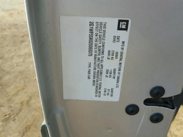 2G1WF55K829360375 - 2002 CHEVROLET IMPALA SILVER photo 10