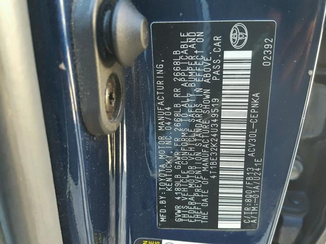 4T1BE32K24U349519 - 2004 TOYOTA CAMRY LE ლურჯი ფოტო 10