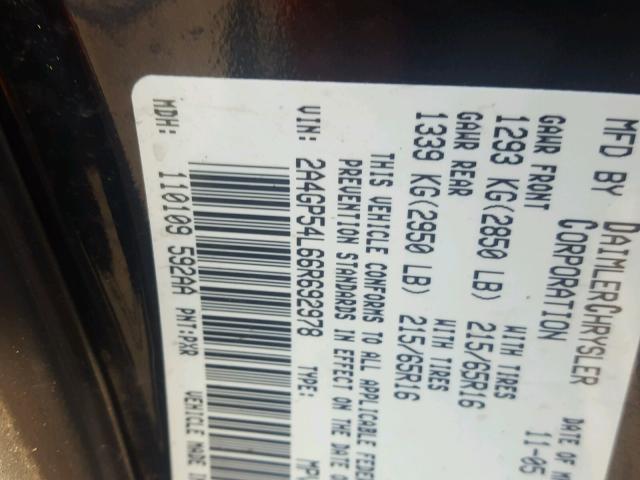 2A4GP54L66R692978 - 2006 CHRYSLER TOWN & COU BLACK photo 10