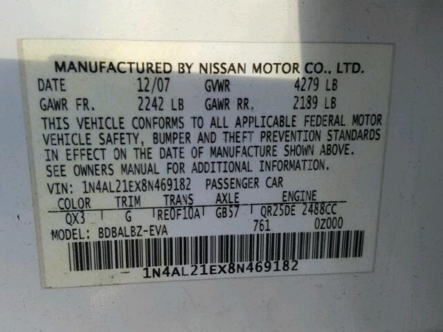 1N4AL21EX8N469182 - 2008 NISSAN ALTIMA 2.5 WHITE photo 10