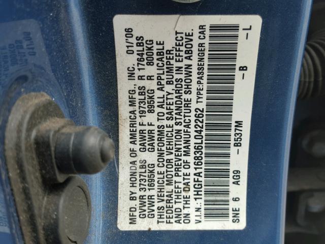 1HGFA16836L042262 - 2006 HONDA CIVIC EX BLUE photo 10