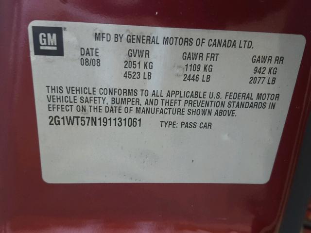 2G1WT57N191131061 - 2009 CHEVROLET IMPALA 1LT BURGUNDY photo 10