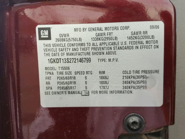 1GKDT13S272146799 - 2007 GMC ENVOY MAROON photo 10