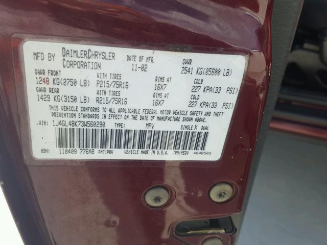 1J4GL48K73W560290 - 2003 JEEP LIBERTY SP BURGUNDY photo 10